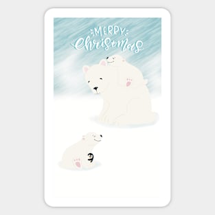 Merry Christmas with mama polarbear and her two cubs in the snowstorm Sticker
